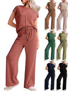 Women Ribbed Knit Casual Short Sleeve Round Neck Top And High Waist Wide Leg Drawstring Loungewear Pants