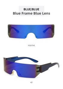 Detail view of blue rimmed sports sunglasses with UV400 mirror lenses and wrap design