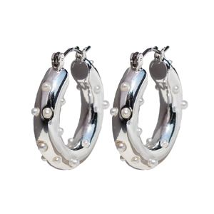 Symmetric pair of silver thick hoop earrings with inlaid white pearls for women
