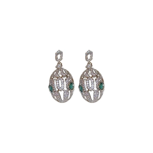Elegant silver snake-style oval hollow earrings with emerald green accents and zircons