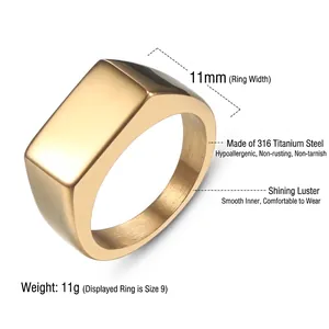 Minimalist gold square signet ring for men made of polished 316L titanium steel