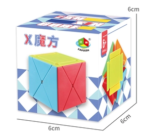 Detail view of multicolored X-shaped puzzle cube with 6cm dimensions and packaging