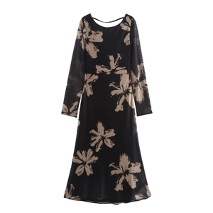 Sexy Bloemen Mesh Maxi Jurk Open Rug Lange Mouwen Elegant Bodycon Party Avondjurk Voor Dames