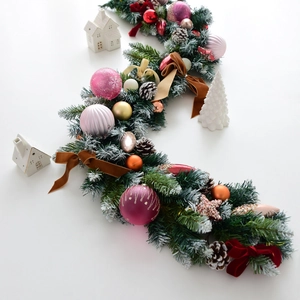 135cm frosted Christmas garland with pink ornaments and pine cones on white background