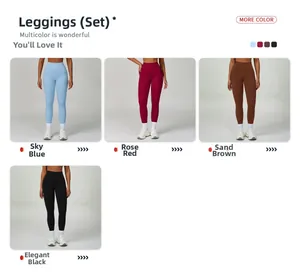 Dettaglio di leggings yoga a vita alta in blu cielo, rosa rossa, marrone sabbia e nero classico