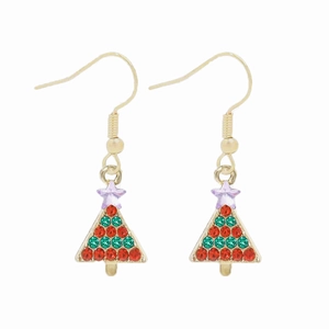 Detail of Christmas tree earrings with colorful rhinestones and purple star topper