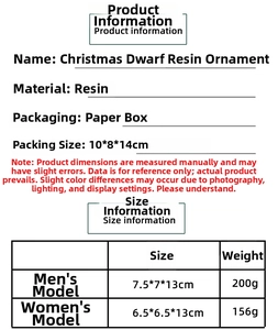Detailed size chart for Christmas resin gnome statues including dimensions and weight data