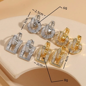 Luxe 14K gold plated hoop earrings with micro-set rectangular zircon in gold and silver