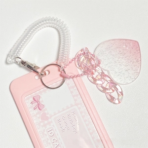 Pink heart ID card holder set with glitter pendant and soft spring coil wristband