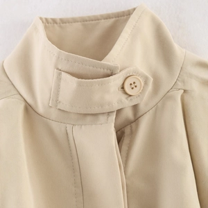 French retro minimalist ruched beige jacket with stand collar and single button detail