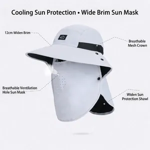 Chapeau de soleil extérieur avec large bord, masque respirant et protège-nuque en gris clair