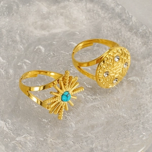 Vintage 18k gold plated stainless steel open rings with turquoise and zircon stones