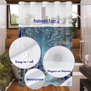 Macro detail of waterproof shower curtain with snap-in liner and magnetic weighted hem
