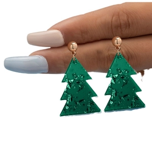 Boucles d'oreilles sapin de Noël vert foncé avec paillettes dorées et clous sphériques
