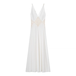 Elegant white satin maxi dress with deep V-neck and delicate lace waist inserts for summer