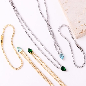 Classic tennis necklace set with round zircons and water drop emerald pendants