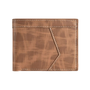 Men's bifold brown wallet with cross-brushed texture and V-shaped card slot detail