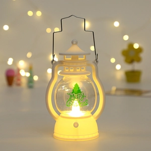 Close-up of a white glowing Christmas lantern with metal handle and festive tree pattern