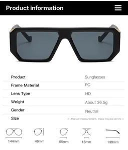 Detailed size chart for retro square sunglasses with frame and lens dimensions