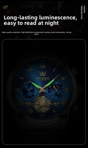 Macro detail of luminescent hands and blue dial on OLEVS men's business quartz watch