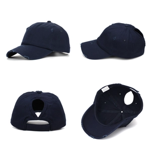 Distressed dark blue ponytail baseball cap for women with washed finish and mesh details