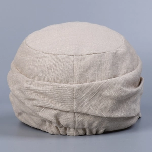 Breathable beige linen duckbill cap for women with vintage pleated texture and elastic back