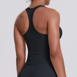Racerback detail of a black athletic tank top with snug fit for yoga and fitness