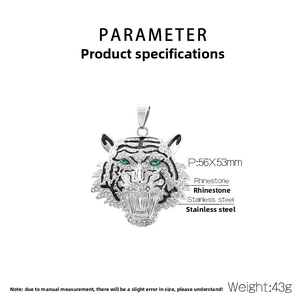 Detailed view of hip hop tiger head pendant showing dimensions and silver crystal inlay