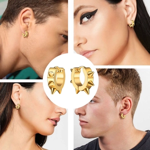 Detail view of gold punk rivet hoop earrings and lifestyle model shots in a collage