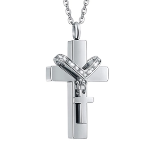 Polished stainless steel double cross pendant necklace with white zircon stones for memorial