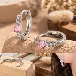 Pink Cubic Zirconia Hoop Earring Copper Inlaid Geometric Sweet Ear Buckle Jewelry For Cartilage Piercing