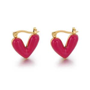 Golden heart earrings with vibrant rose pink enamel finish in a minimalist V-shape style