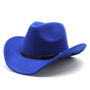 Detail view of royal blue felt cowboy hat featuring a black faux leather decorative band