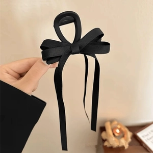Elegant Satin Bow Hair Claw Clip With Long Ribbon Streamer Matte Plastic Shark Clip For Women French Style Hair Accessories