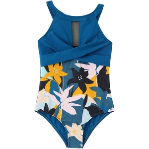 Detail of girls one piece swimsuit with tropical floral print and mesh cutout neck