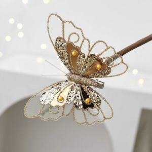Sparkling gold butterfly hair clip with double-layer sequins and pearls for Christmas decor