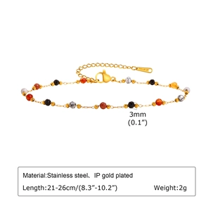 Detail showing 3mm colorful stone beads and golden stainless steel anklet with dimensions