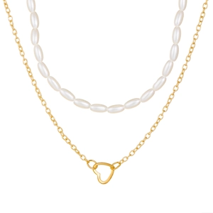 Close-up of double-layer gold heart necklace with white oval pearls and elegant finish