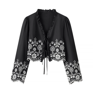 Women Vintage Floral Embroidery Cropped Blouse Scalloped Edge Lace Up Long Sleeve Shirt Elegant Bohemian Polyester Top Black