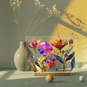 Macro shot of colorful floral acrylic stand with elegant gold outlines and wooden base
