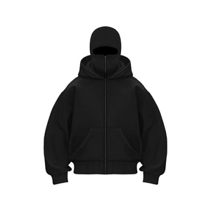 Oversized black hoodie for men and women featuring an integrated balaclava face mask design
