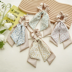 Floral Print Hair Scrunchie With Long Ribbon Bow Elegant Satin Hair Tie For Women Girls Hair Accessories