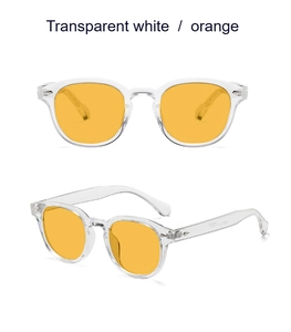 Détail d'une monture blanche transparente avec verres orange sur fond blanc uni