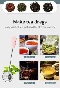 Detail showing pink silicone handle tea strainer with four types of brewed tea scenes
