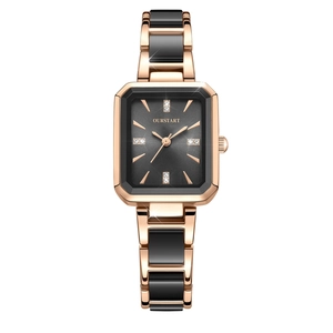 Elegant rose gold square quartz watch for women with black dial and diamond accents