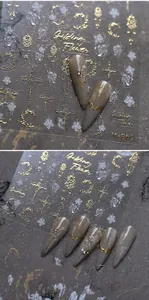 Macro detail of M-869 gold leaf nail stickers with floral and cross patterns