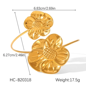 Detailed size specifications and weight of asymmetric golden flower stainless steel bangle