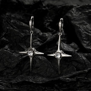 Punk silver cross star hoop earrings with clear zircon stones on black background