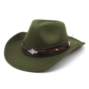 Western Cowboy Hat Wide Brim Cotton Polyester Felt Fedora Jazz Hat With Leather Belt Metal Ornaments Windproof Rope