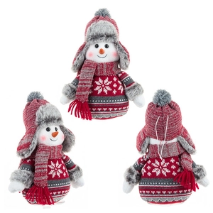 Cute Christmas snowman plush dolls with red and grey knitted sweaters and trapper hats